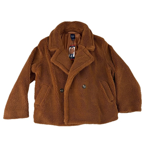 Gap Sherpa Jacket Womens XL Brown Argan Oil Double Breasted Teddy Coat NWT - Picture 1 of 11